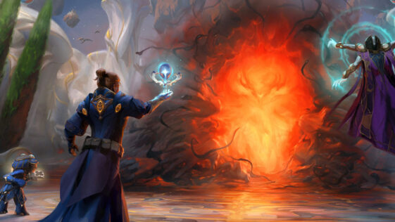Painted artwork of three mage type character in front of an orange portal from Guild Wars 2.