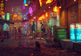 Cat from Stray walking through neon-lit city.