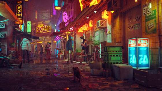 Cat from Stray walking through neon-lit city.