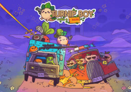 Key art of the game Turnip Boy Robs a Bank that shows logo. It displays robbers driving away from bank while being chased by cops.