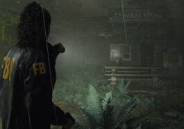 Saga Anderson from Alan Wake 2 holding a flashlight towards a General Store.