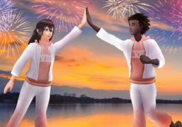 Two avatars in Pokemon Go high fiving with fireworks going off behind them.